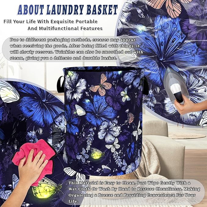 Butterfly Laundry Basket Foldable Purple Blue Butterflies Laundry Hamper With Handle Portable Oxford Cloth Clothes Storage Basket Colorful Laundry Bag 18.9"x16.5" For Laundry Room/Bedroom/Bathrooms
