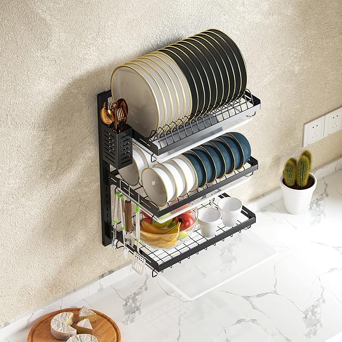 PUSDON 3 Tier Wall Mounted Dish Drying Rack, Black Rustproof Hanging Dish Drainer Organizer with Utensil Holder & Removable Drainboards, Adjustable Heavy Duty Kitchen Space Saver