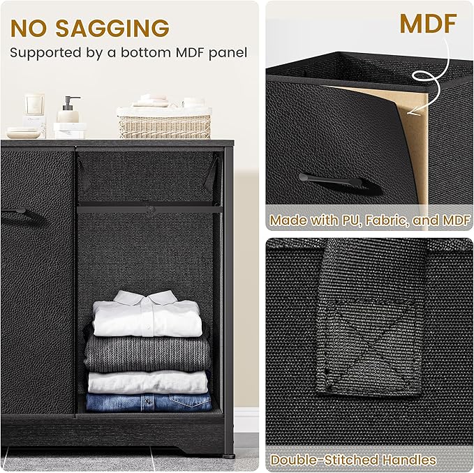 Pull-Out Laundry Sorter Cabinet With Removable Bags, Laundry Basket, 140L (2x70L) Laundry Hamper 2 Section For Organized Bedroom, Laundry Room, Black