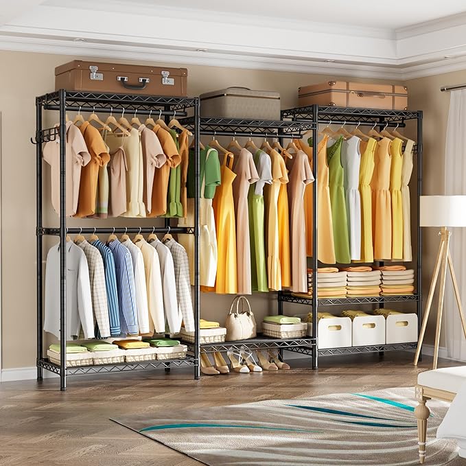 Golpart Heavy Duty Garment Rack Clothes Rack,Large Metal Closet Organizer System Storage Wardrobe,Freestanding Clothing Rack with 8 Adjustable Wire Shelves&4 Hang Rods,MaxLoad 800lbs