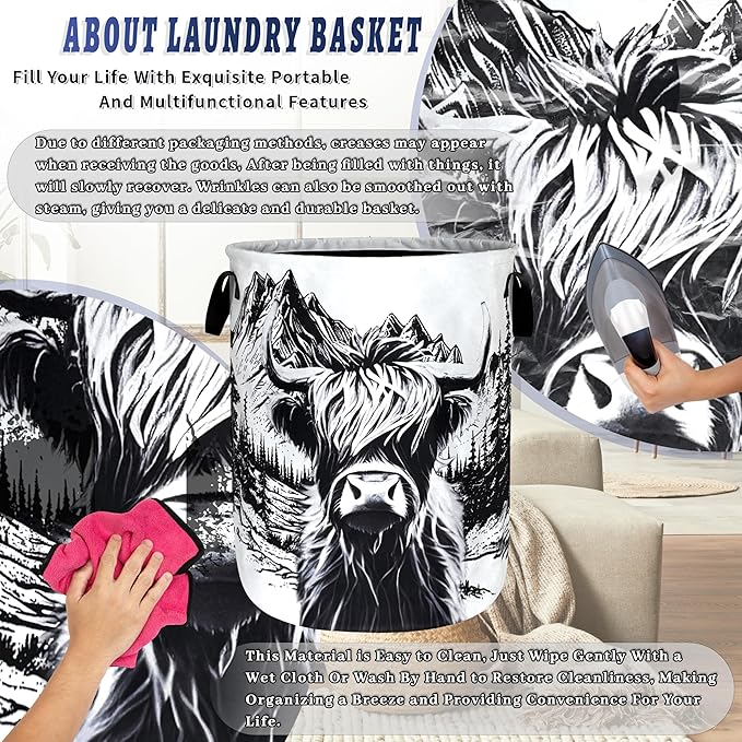 Black White Highland Cow Laundry Basket Foldable Animal Cows Laundry Hamper With Handle Portable Oxford Cloth Clothes Storage Basket Laundry Bag 18.9"x16.5" For Laundry Room/Bedroom/Bathrooms