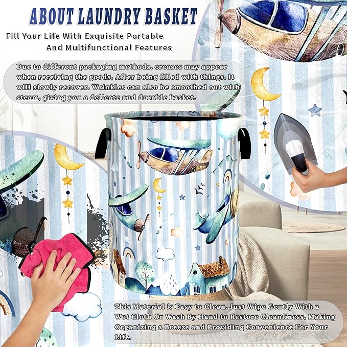 Cartoon Airplane Laundry Basket Foldable Funny Plane Laundry Hamper With Handle Portable Oxford Cloth Clothes Storage Basket Laundry Bag 18.9"x16.5" For Laundry Room/Bedroom/Bathrooms