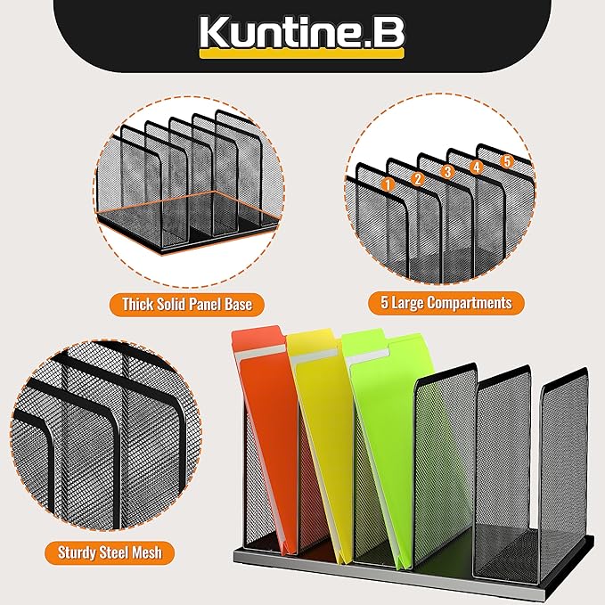 Kuntine.B Desk File Organizer Upright Mesh Desktop Organizer File Sorter Office Organization File Holder for Home, Office & Classroom (Black, 2 Pack 5-Section)
