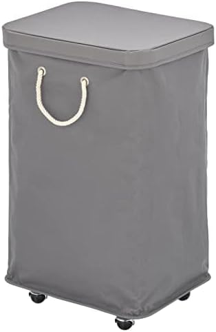 mDesign Large Polyester Rolling Laundry Hamper with Wheels, Removable Lid, and Rope Carrying Handles, Collapsible Hampers with Wheels for Compact Storage, Tall Single Compartment Basket, Charcoal Gray