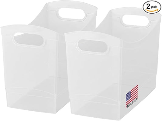 Modern Narrow Organizer Storage Bin, Clear Plastic Household Storage Container for Kitchen Pantry storage, Under Sink Bin, Bathroom/Laundry Room - Made In USA - 2 Pack (Narrow - 13” X 9” X 6”)