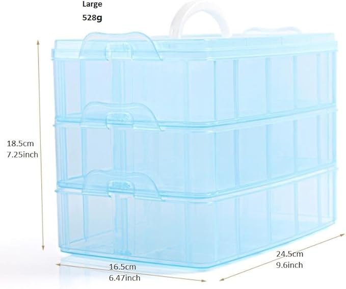 Kamay's 3-Tier Transparent Stackable Adjustable Compartment Slot Plastic Craft Storage Box Organizer Snap-Lock Tray Container 3 Sizes 4 Candy Colors Available (Large 30 Compartment, Blue)