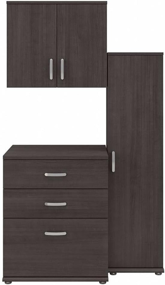 Pemberly Row Modular Storage Set, 44W 3Pc Storm Gray Finish, Includes Tall Narrow Cabinet, Floor Cabinet with Drawers, Wall Cabinet with Doors, Adjustable Shelves, Durable Home or Office Organization