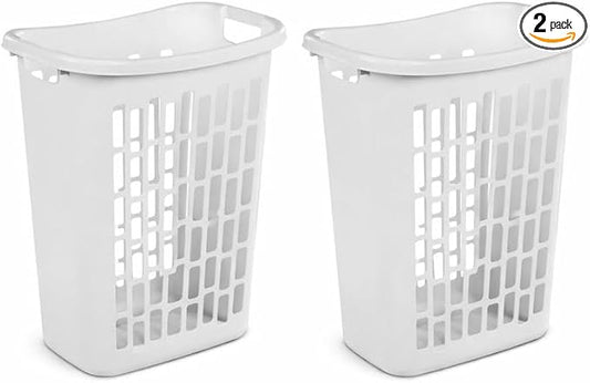 Rectangular Laundry Hamper, Slim Plastic Clothes Basket with Ventilation Holes, Lightweight Open Top Design for Small Spaces, White (2)