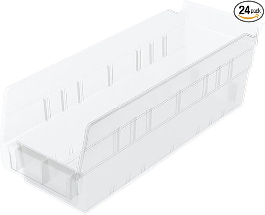 Akro-Mils 30120 Plastic Shelf Bins, Heavy Duty Storage Bins for Garage, Closet, and Drawer Organization, 12" x 4" x 4", Clear, 24-Pack