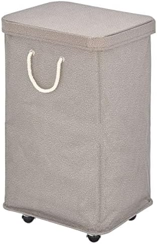 mDesign Large Polyester Rolling Laundry Hamper with Wheels, Removable Lid, and Rope Carrying Handles - Collapsible Hampers with Wheels for Compact Storage - Tall Single Compartment Basket - Taupe