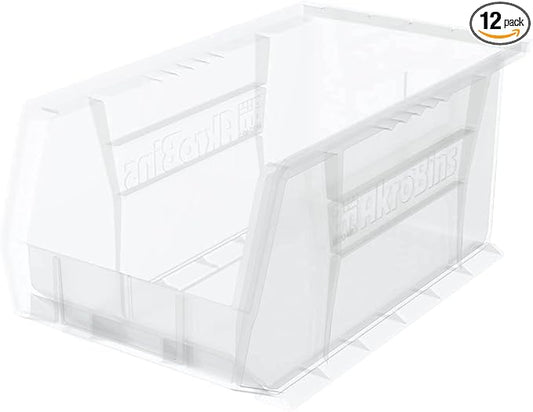 Akro-Mils 30240 AkroBins Plastic Storage Bins, Space-Saving Stackable Bins for Garage, Pantry, Craft Organization, 15-Inch x 8-Inch x 7-Inch, Clear, 12-Pack