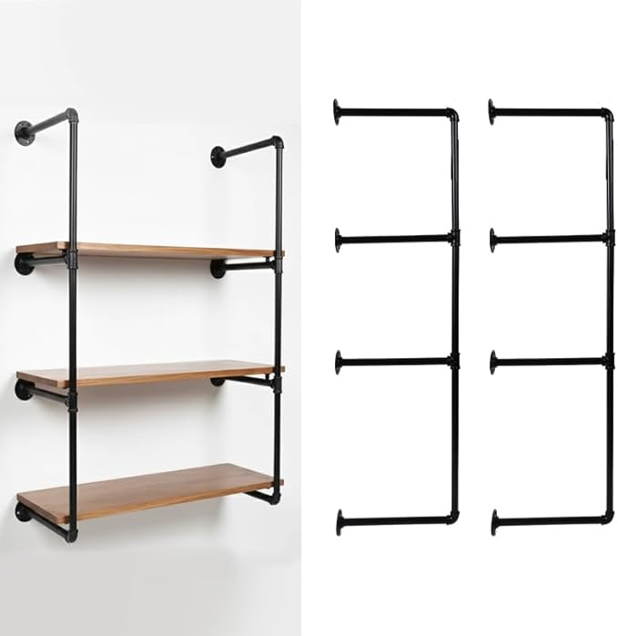 4-Tier Industrial Pipe Shelving Bracket System, Black Iron Wall Mount, DIY Rustic Farmhouse Style Storage Rack Brackets (No Planks)