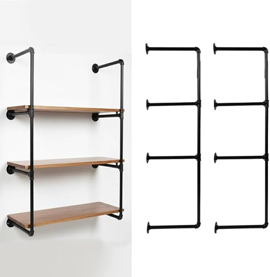 4-Tier Industrial Pipe Shelving Bracket System, Black Iron Wall Mount, DIY Rustic Farmhouse Style Storage Rack Brackets (No Planks)