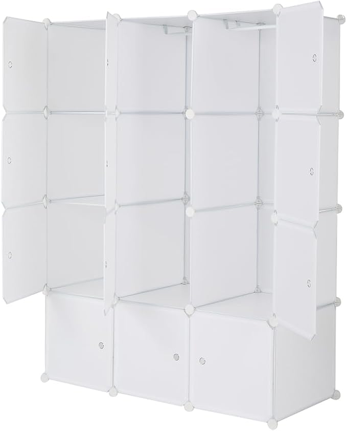 12 Cube Storage Organizer, Stackable Storage Shelves with Hanging Rod Customizable Closet Cabinet Durable Steel Frame Multi-Use DIY Design 13.8 inch Panels Max 10lb Capacity per Cube White