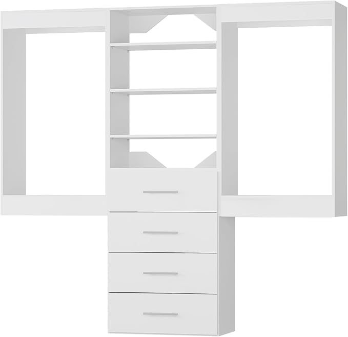 ROOMTEC Modular Closet System, 66" Wall-Mounted Closet Organizer with Drawers and Hanging Rods, Wooden Tower for Walk-In Closets, Wardrobe Storage Kit, White