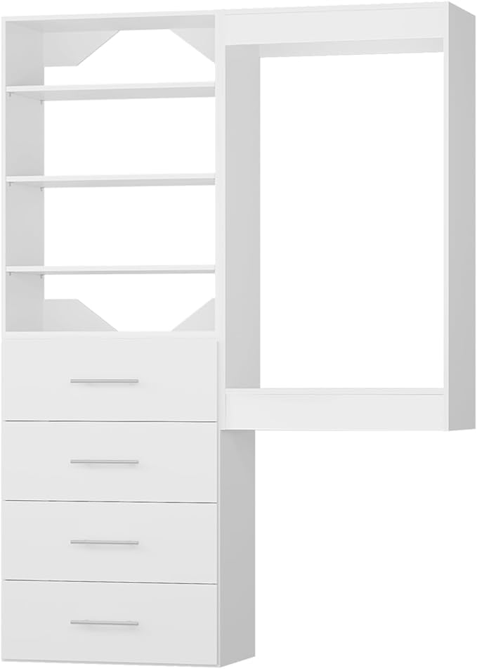 ROOMTEC Modular Closet System, 67" Wall-Mounted Closet Organizer with Drawers and Hanging Rods, Wooden Tower for Walk-In Closets, Wardrobe Storage Kit, White