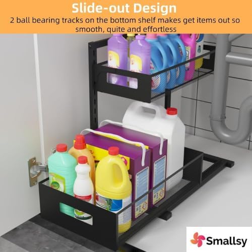 2-Tier Metal Under Sink Organizer, Pull out Smoothly with Track, Large Capacity Heavy Load Under Sink Storage for Kitchen and Bathroom