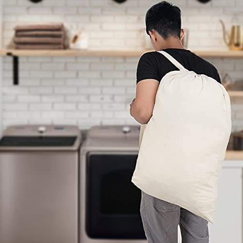 SweetNeedle Pack of 2 Heavy Duty X-Large Laundry Storage Shopping Bag, 30 x 22 IN 40L - 100% Cotton, Highly durable, Draw-cord with cord-lock, Machine Wash and reusable Travel Bag - Natural