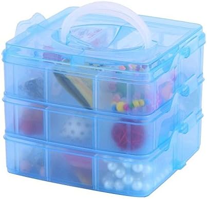 Kamay's 3-Tier Transparent Stackable Adjustable Compartment Slot Plastic Craft Storage Box Organizer Snap-Lock Tray Container 3 Sizes 4 Candy Colors Available(Medium 18 Compartment, Blue)