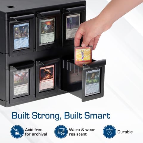 BCW 6 Drawer Card Catalog - Black | Stackable Trading Card Organizer Box | Holds Sports Cards, Gaming Cards, Toploaders & Magnetics | Heavy-Duty Black Plastic Storage with Dividers