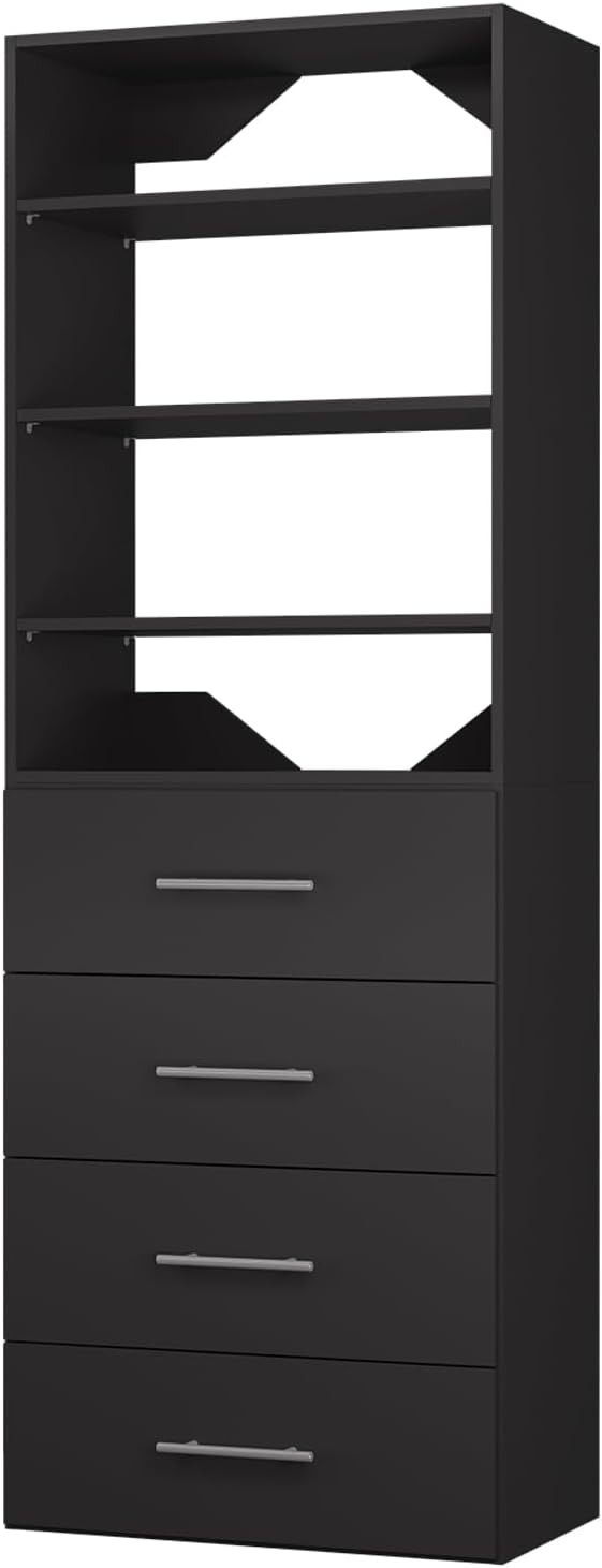 ROOMTEC Modular Closet System, 25.5" 4 Drawer Shelf Closet Tower Wall-Mounted Closet Organizer, Wooden Tower for Walk-In Closets, Wardrobe Storage Kit, Black