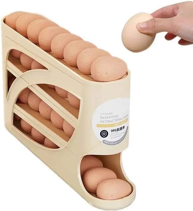 4 Tiers Egg Holder for Fridge， Automatic Egg Rolling Rack, 30 Eggs Storage Rack, Egg Distributor for Refrigerator, Egg Storage Rack for Kitchen (cream color)