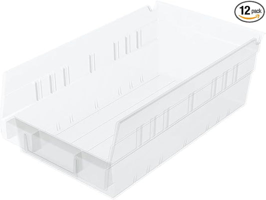 Akro-Mils 30130 Plastic Shelf Bins, Heavy Duty Storage Bins for Garage, Closet, and Drawer Organization, 12" x 6-1/2" x 4", Clear, 12-Pack