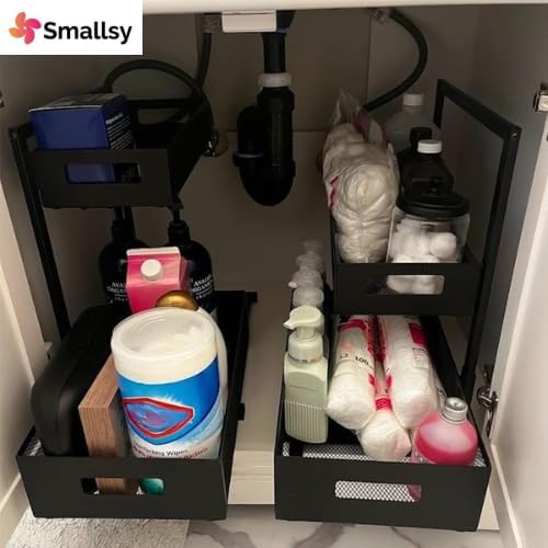 2-Tier Metal Under Sink Organizer, Pull out Smoothly with Track, Large Capacity Heavy Load Under Sink Storage for Kitchen and Bathroom