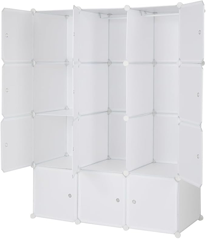 12 Cube Storage Organizer, Stackable Storage Shelves with Hanging Rod Customizable Closet Cabinet Durable Steel Frame Multi-Use DIY Design 13.8 inch Panels Max 10lb Capacity per Cube White