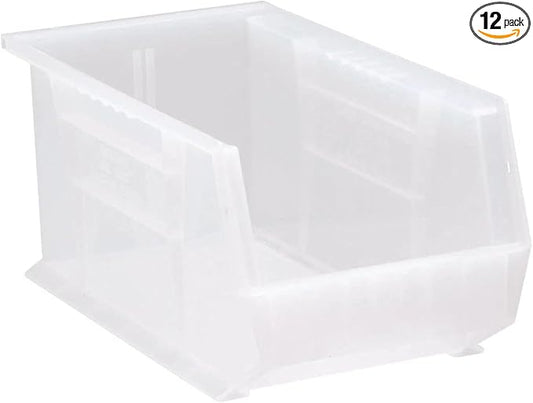 Quantum Storage QUS240 Heavy-Duty Stackable Plastic Storage Bins for Workshop, Warehouse & Garage, Ultra Stack & Hang, 14-3/4" x 8-1/4" x 7", Clear, 12-Pack