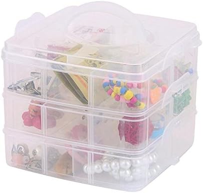 Kamay's 3-Tier Transparent Stackable Adjustable Compartment Slot Plastic Craft Storage Box Organizer Snap-lock Tray Container 3 Sizes 4 Candy Colors Available (Medium 18 Compartment, White)