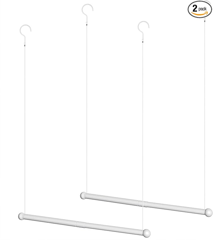 2 Pieces Hanging Closet Rod, Adjustable Width and Height, Clothes Hanging Bar Closet Organizer Rod Double Closet Rod Poles for Hanging Clothes Indoor Outdoor Closet Space-Saving (White)