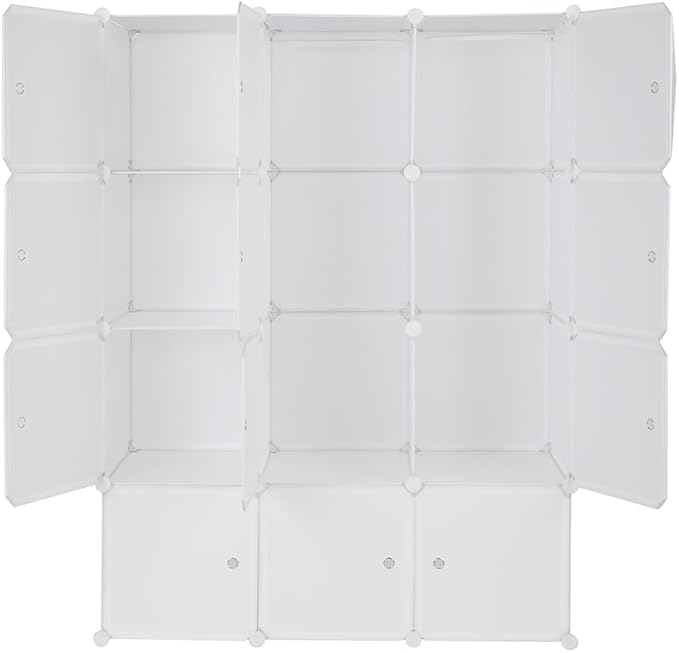 12 Cube Storage Organizer, Stackable Storage Shelves with Hanging Rod Customizable Closet Cabinet Durable Steel Frame Multi-Use DIY Design 13.8 inch Panels Max 10lb Capacity per Cube White