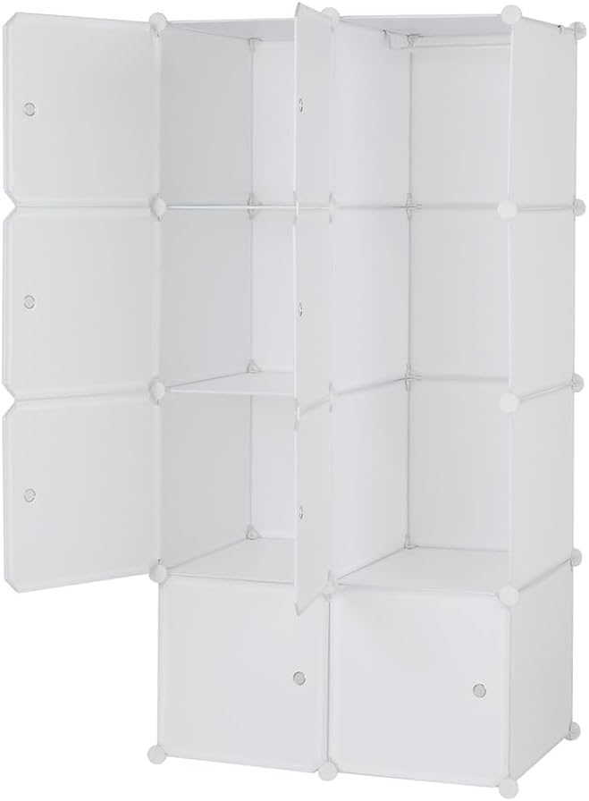 8 Cube Storage Organizer, Stackable Storage Shelves with Hanging Rod Customizable Closet Cabinet Durable Steel Frame Multi-Use DIY Design 13.8 inch Panels Max 10lb Capacity per Cube White
