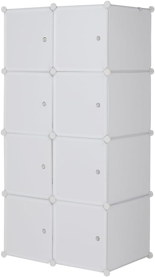 8 Cube Storage Organizer, Stackable Storage Shelves with Hanging Rod Customizable Closet Cabinet Durable Steel Frame Multi-Use DIY Design 13.8 inch Panels Max 10lb Capacity per Cube White