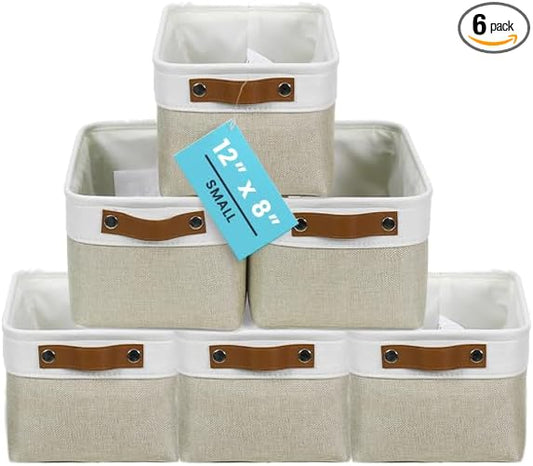 OrganiHaus Small Fabric Storage Baskets 6 Pack, 12x8in Cloth Storage Bins for Shelves, Small Baskets for Organizing Pantry Closet, Canvas Shelf Baskets, Beige/Off-White