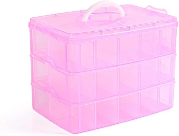 Kamay's 3-Tier Transparent Stackable Adjustable Compartment Slot Plastic Craft Storage Box Organizer Snap-Lock Tray Container 3 Sizes 4 Candy Colors Available (Extre Large 30 Compartment, Red)