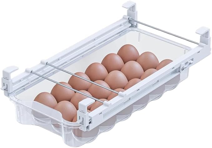 Skywin TidyFriend Refrigerator Egg Drawer 14"x7.5"x3.95" – Snap-On Egg Holder with Pull-Out Drawer, Holds 18 Eggs, Fits Flat Fridge Shelves 14.1–16.3 in Long and 0.93–1.32 in Thick