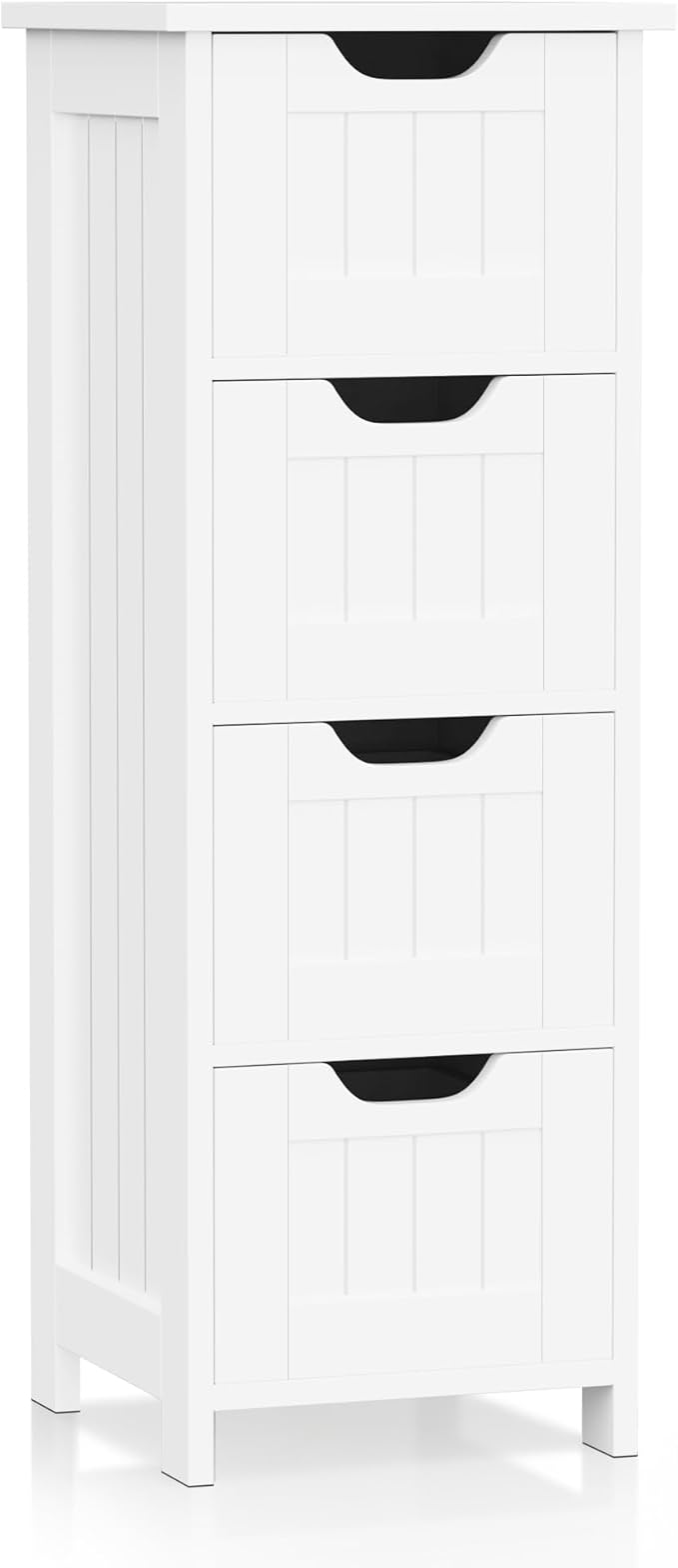 SUPER DEAL Small Bathroom Storage Cabinet with 4 Drawers, Freestanding Narrow Wooden Side Storage Organizer for Bathroom Hallway Living Room, White