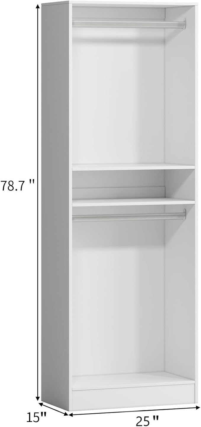 VOWNER 25'' Freestanding Closet System with Shelves, Wood Closet Organizer System with Hanging Rods, Walk-in Closet Tower, Clothes Garment Rack, Wardrobe Closet for Bedroom Entryway (1, White)