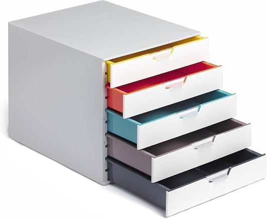 Durable Varicolor 5 Drawer Unit - White Desktop Drawer Set with 5 Color Coded Draws - Letter to Folio Size Files - Perfect for Storing Documents and Paper Work