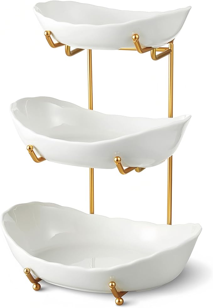 Ceramic Fruit Bowl for Kitchen Counter - 3 Tier Fruit Basket with Metal Stand, Tiered Fruit Stand for Countertop, Snack, Nuts, Cake, Dessert, Cute (Gold, Small) 1