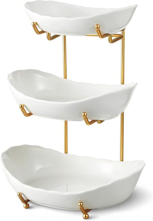 Ceramic Fruit Bowl for Kitchen Counter - 3 Tier Fruit Basket with Metal Stand, Tiered Fruit Stand for Countertop, Snack, Nuts, Cake, Dessert, Cute (Gold, Small) 1