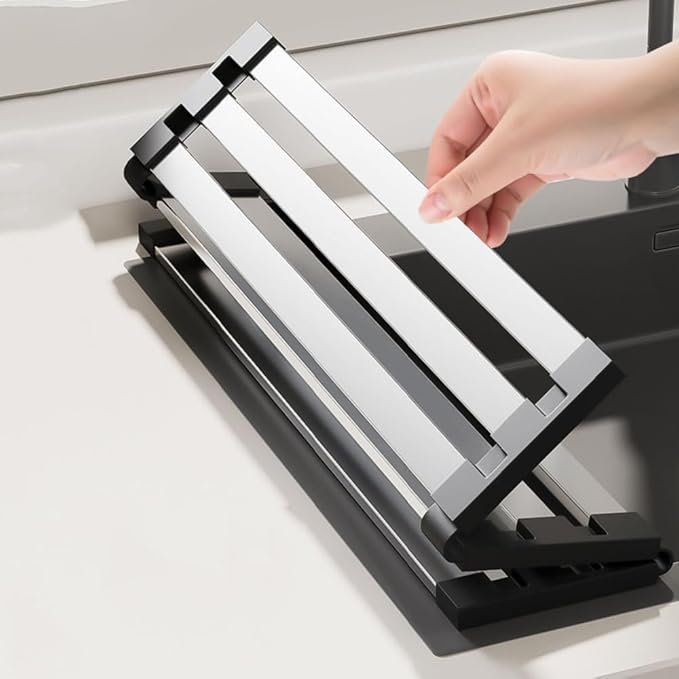 Stainless Steel Roll up Dish Drying Rack, Over Sink Foldable Kitchen Mat, 45cm x 32.5cm Rollable Sink Drainer, Space-Saving Design