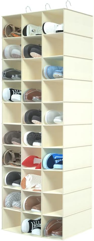 coastal rose Hanging Shoe Organizer for Closet, 30 Sections Hanging Closet Organizers and Storage Shelves Space Saving Shoe Rack Holder, Beige, 17''W×11.5''Dx 48''H