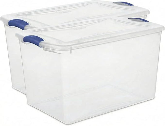 66 Qt Storage Bins with Lids, 2 Pack Large Clear Plastic Storage Containers with Secure Blue Latches, Stackable Clear Totes for Sports Equipment