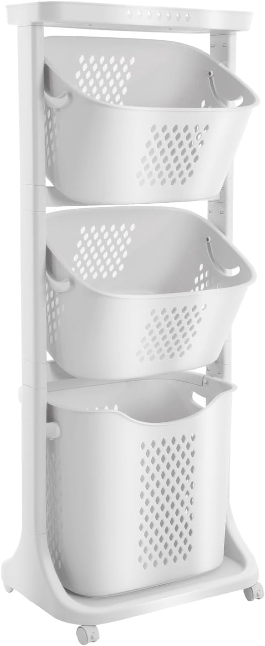 3 Tier Rolling Laundry Basket Vertical laundry hamper Sorter Cart with Lids und Brakes, Multi-Purpose Storage Organizer for Bedroom, Bathroom, Laundry Room, 16.9×13×43 in, White