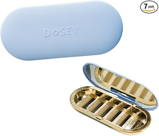 Dosey 7 Day Pill Compact Travel Pill Organizer - Pill Case with 7 Pill Compartments for Medicine Storage & Protection – Stylish & Elegant Medication Organizer with Mirror (Blue)