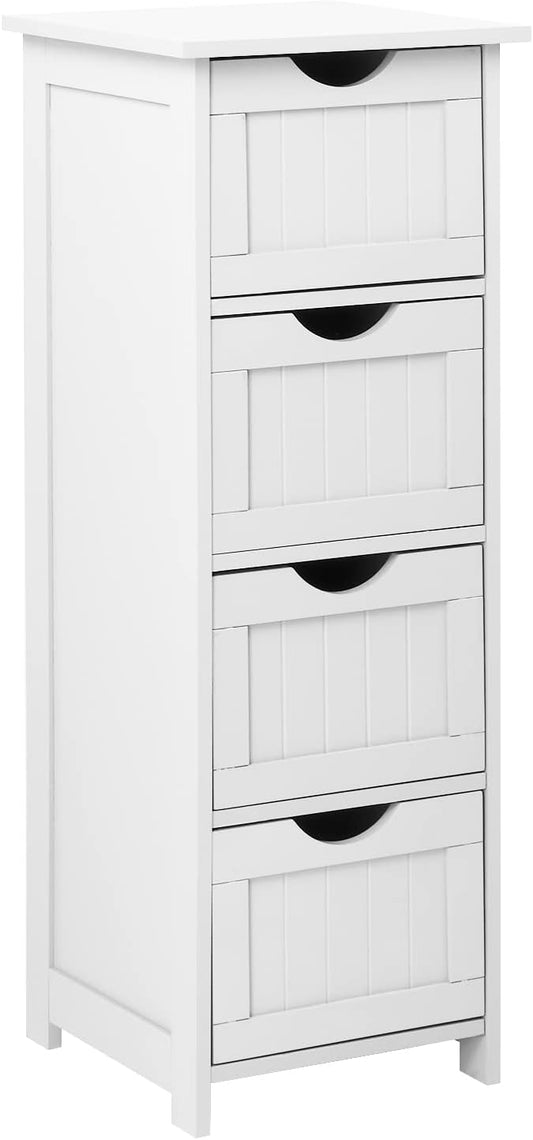 Bonnlo Skinny Bathroom Floor Storage Cabinet,White 12 Inch Wide Deep Small Storage Organizer with 4 Drawers, Wooden Modern Thin Free Standing Tower Cabinet w/ 4 Cute Drawers for Bathroom, Living Room