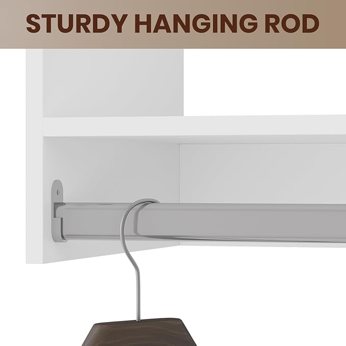 ROOMTEC Modular Closet System, 60" Wall-Mounted Closet Organizer with Hanging Rods, Modern Wooden Tower for Walk-In Closets, Wardrobe Storage Kit, White